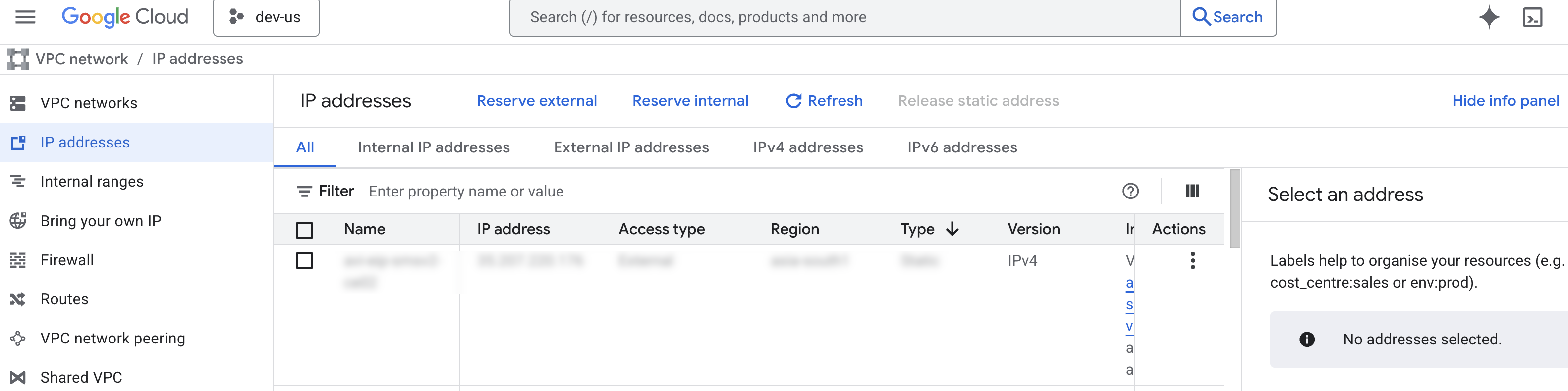 Figure: Reserve External IP Address