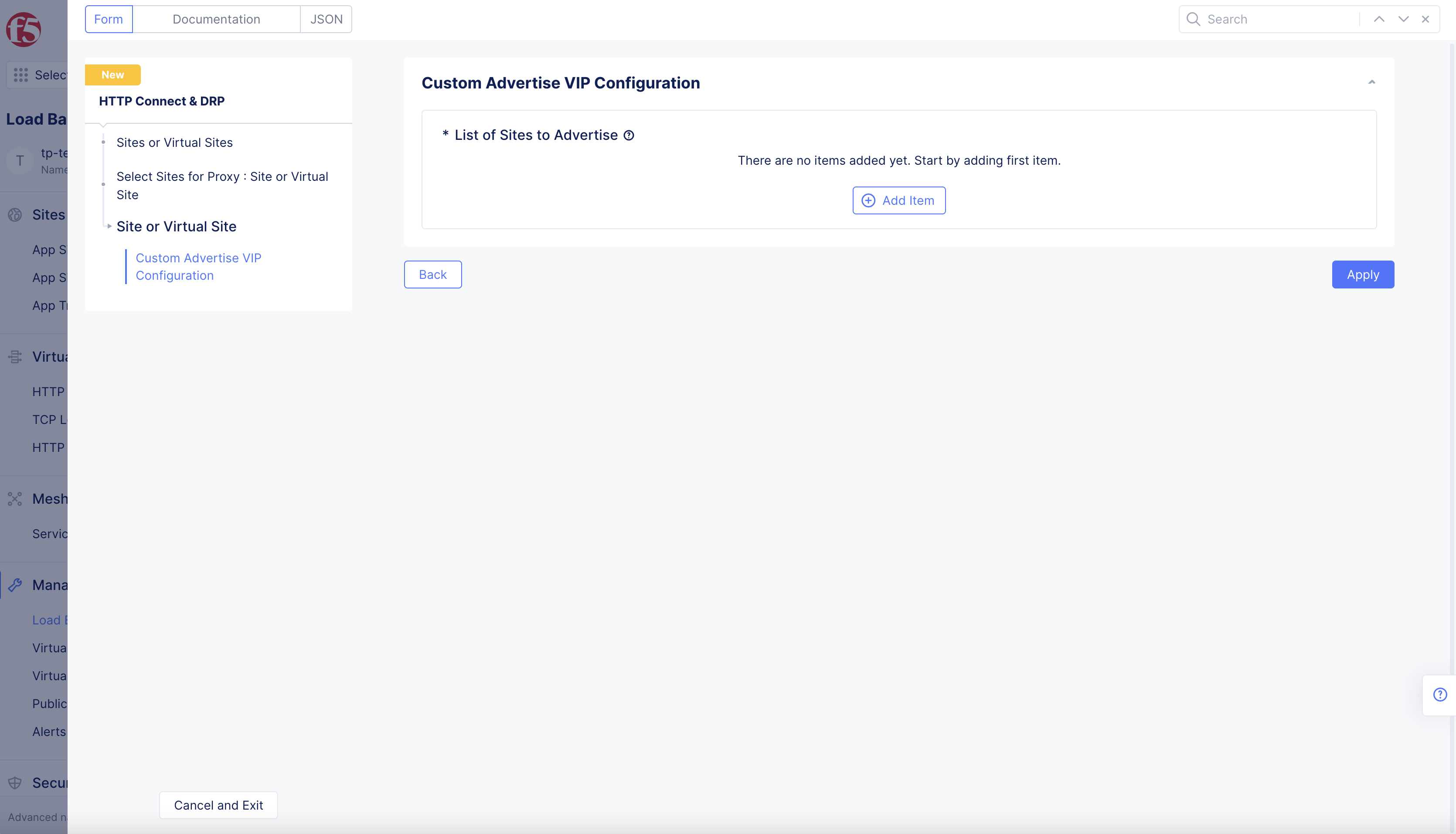 Figure: Sites or Virtual Sites Custom Advertise VIP Configuration
