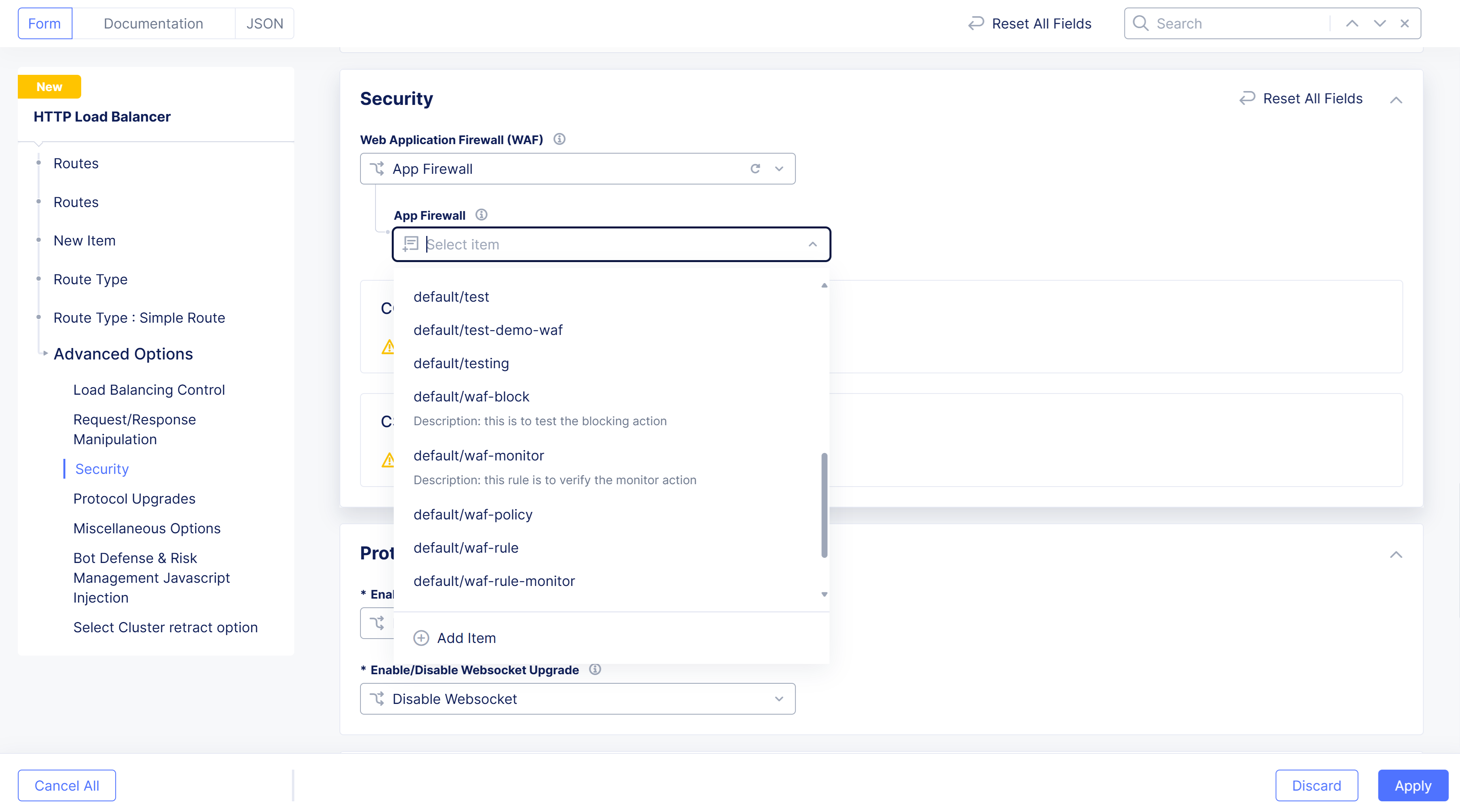 Figure: Select WAF Option For Route
